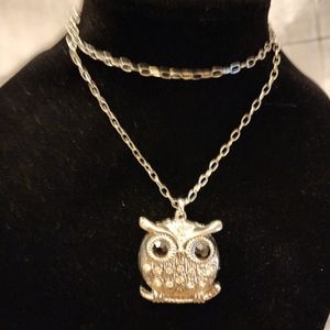 Womens Owl silvertone cz stones black onyx eyes 2"x2'" statement 28" necklace